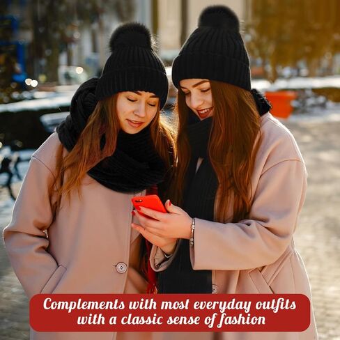 4 Pcs Winter Beanie Hat Scarf Gloves Headband Set Pom Pom Hat for Women Black Touchscreen Glove Long Neck Knit Scarf Wide Headband Cable 4 in 1 Set for Winter(Black) in Saudi Arabia