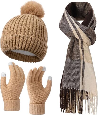 3 pcs Hat Scarf Gloves Set for women winter Hat long plaid scarf touchscreen gloves combination warm sets for gift(Khaki) in Saudi Arabia