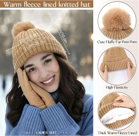 3 pcs Hat Scarf Gloves Set for women winter Hat long plaid scarf touchscreen gloves combination warm sets for gift(Khaki) in Saudi Arabia