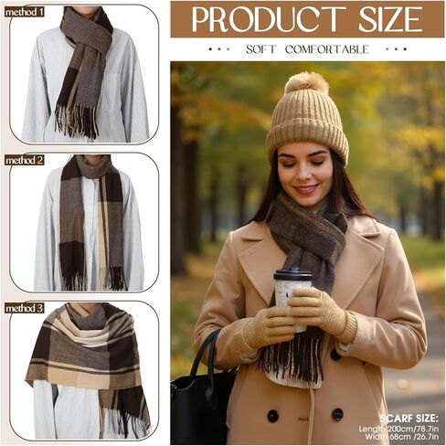 3 pcs Hat Scarf Gloves Set for women winter Hat long plaid scarf touchscreen gloves combination warm sets for gift(Khaki) in Saudi Arabia