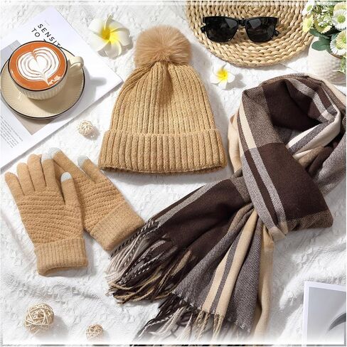 3 pcs Hat Scarf Gloves Set for women winter Hat long plaid scarf touchscreen gloves combination warm sets for gift(Khaki) in Saudi Arabia