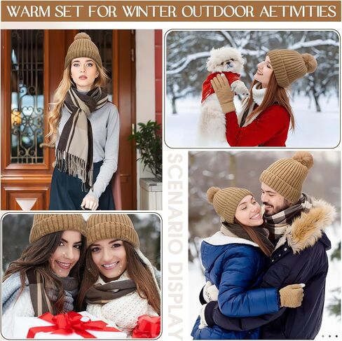 3 pcs Hat Scarf Gloves Set for women winter Hat long plaid scarf touchscreen gloves combination warm sets for gift(Khaki) in Saudi Arabia