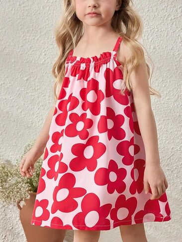 Girls' Spaghetti Strap A-Line Dress Floral Print Loose Fit Summer Dress Casual Versatile Easy Care for Daily Party Use 4-7Y in Saudi Arabia