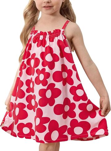 Girls' Spaghetti Strap A-Line Dress Floral Print Loose Fit Summer Dress Casual Versatile Easy Care for Daily Party Use 4-7Y in Saudi Arabia