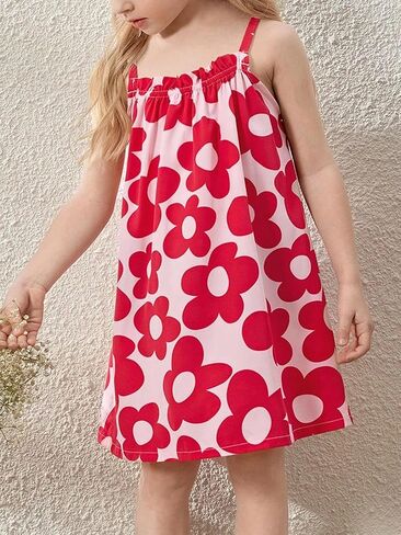 Girls' Spaghetti Strap A-Line Dress Floral Print Loose Fit Summer Dress Casual Versatile Easy Care for Daily Party Use 4-7Y in Saudi Arabia