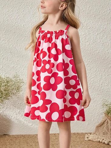 Girls' Spaghetti Strap A-Line Dress Floral Print Loose Fit Summer Dress Casual Versatile Easy Care for Daily Party Use 4-7Y in Saudi Arabia