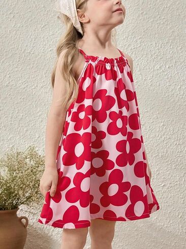 Girls' Spaghetti Strap A-Line Dress Floral Print Loose Fit Summer Dress Casual Versatile Easy Care for Daily Party Use 4-7Y in Saudi Arabia