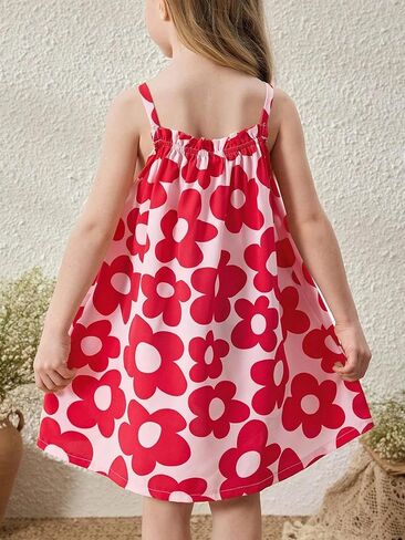 Girls' Spaghetti Strap A-Line Dress Floral Print Loose Fit Summer Dress Casual Versatile Easy Care for Daily Party Use 4-7Y in Saudi Arabia