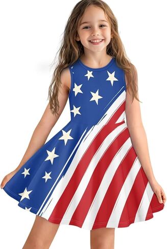 2025 Swing Casual Dress Girls Summer Outfits Patriotic Dresses for Party Beach 3-16T in Saudi Arabia
