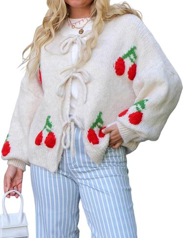 Yimoon Womens Bow Tie Front Cardigan Cute Cherry Open Front Y2k Sweater Oversized Chunky Knit Cardigan Tops in Saudi Arabia