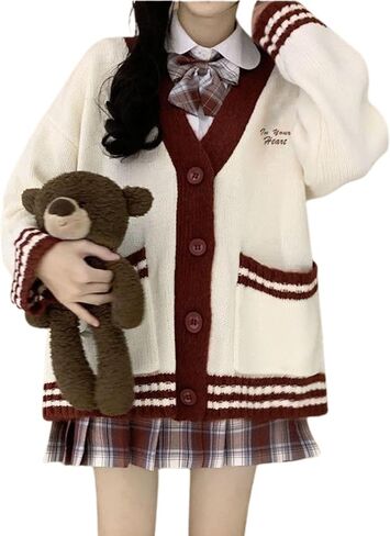 FindThy Women’s V-Neck Cardigan Sweater Preppy Vintage Oversized Long Sleeve Color Block Knit Jacket Coat in Saudi Arabia