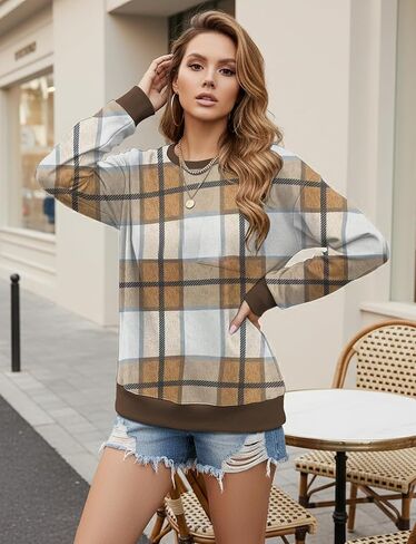 AURUZA Sweatshirt for Women Color Block Crewneck with Chest Pocket Casual Long Sleeve Loose Fit Tops Fall Sweatshirt Fashion in Kuwait