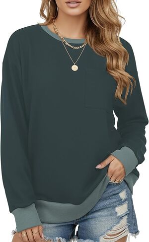 AURUZA Sweatshirt for Women Color Block Crewneck with Chest Pocket Casual Long Sleeve Loose Fit Tops Fall Sweatshirt Fashion in Kuwait
