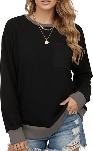 AURUZA البلوز للنساء كتلة اللون Crewneck مع جيب الصدر عادية كم طويل فضفاض صالح القمم الخريف البلوز الموضة in Kuwait