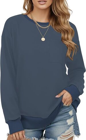 AURUZA Sweatshirt for Women Color Block Crewneck with Chest Pocket Casual Long Sleeve Loose Fit Tops Fall Sweatshirt Fashion in Kuwait