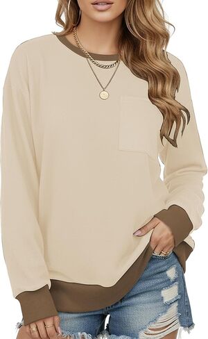AURUZA Sweatshirt for Women Color Block Crewneck with Chest Pocket Casual Long Sleeve Loose Fit Tops Fall Sweatshirt Fashion in Kuwait