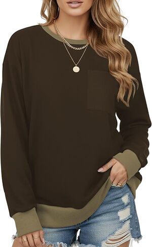 AURUZA Sweatshirt for Women Color Block Crewneck with Chest Pocket Casual Long Sleeve Loose Fit Tops Fall Sweatshirt Fashion in Kuwait