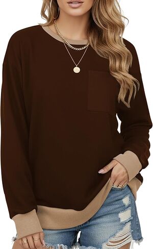 AURUZA Sweatshirt for Women Color Block Crewneck with Chest Pocket Casual Long Sleeve Loose Fit Tops Fall Sweatshirt Fashion in Kuwait