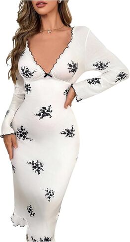 Milumia Women's Floral Deep V Neck Nightgowns Long Sleeve Ruffle Hem Sleep Dresses Loungewear in Saudi Arabia