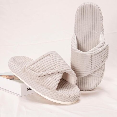 Women's House Slippers Cozy Adjustable Open Toe Memory Foam Corduroy Non-slip Bedroom Shoes for Indoor Outdoor in Saudi Arabia