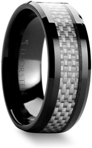 MYSTIQUE Beveled White Carbon Fiber Inlaid Ceramic Ring - 8mm in Saudi Arabia