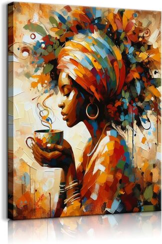Black Woman Wall Art African American Wall Decor Coffee Girl Poster Print African Tribal Painting Picture for Living Room Bedroom Ready to Hang (12x16in Canvas) in Saudi Arabia