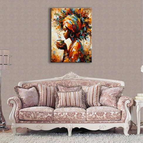 Black Woman Wall Art African American Wall Decor Coffee Girl Poster Print African Tribal Painting Picture for Living Room Bedroom Ready to Hang (12x16in Canvas) in Saudi Arabia