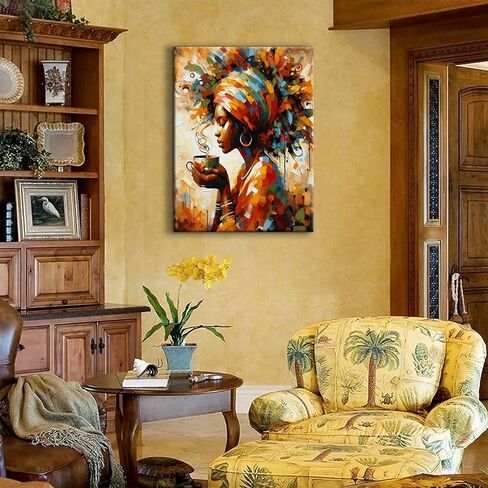 Black Woman Wall Art African American Wall Decor Coffee Girl Poster Print African Tribal Painting Picture for Living Room Bedroom Ready to Hang (12x16in Canvas) in Saudi Arabia