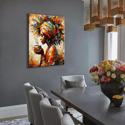 Black Woman Wall Art African American Wall Decor Coffee Girl Poster Print African Tribal Painting Picture for Living Room Bedroom Ready to Hang (12x16in Canvas) in Saudi Arabia