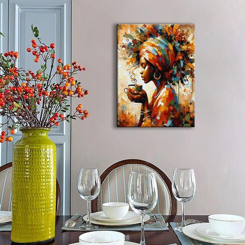 Black Woman Wall Art African American Wall Decor Coffee Girl Poster Print African Tribal Painting Picture for Living Room Bedroom Ready to Hang (12x16in Canvas) in Saudi Arabia
