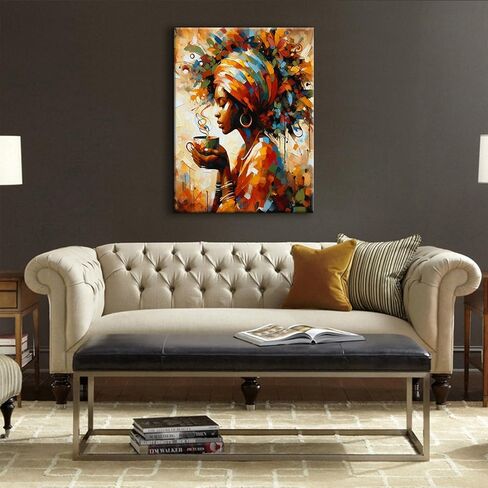 Black Woman Wall Art African American Wall Decor Coffee Girl Poster Print African Tribal Painting Picture for Living Room Bedroom Ready to Hang (12x16in Canvas) in Saudi Arabia