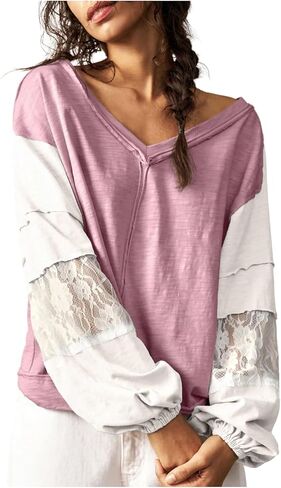 Women's Oversized Tshirts Lace Patchwork Color Block T Shirt Bishop Sleeve V Neck Tee Top in Saudi Arabia