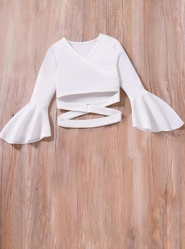 Girls Bell Sleeve Wrap Top White Flared Sleeve Blouse Cross Tie Waist Stylish Crop Shirt in Saudi Arabia