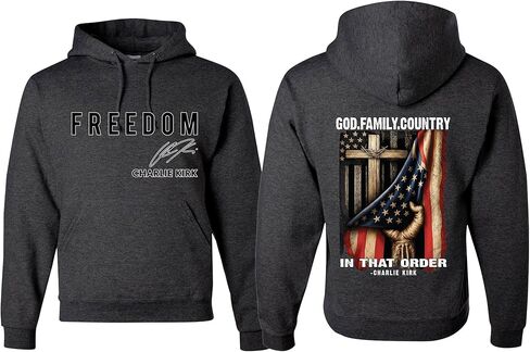 wild custom apparel Charlie Kirk Freedom Signature Front & Back God Family Country In Order USA Sweatshirt Hoodies in Saudi Arabia