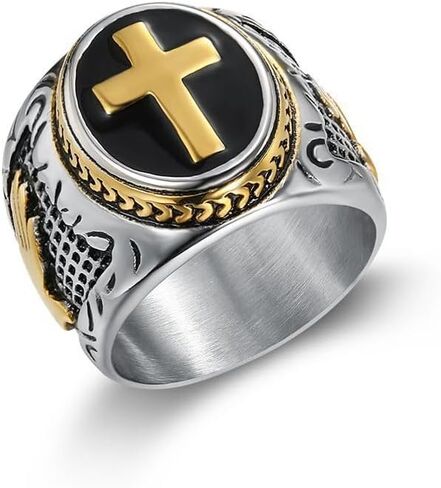 FATACI Vintage Men Ring Stainless Steel Religious Prayer Holy Cross Ring with Black Enamel Christian Jewelry Size8-12 in Saudi Arabia