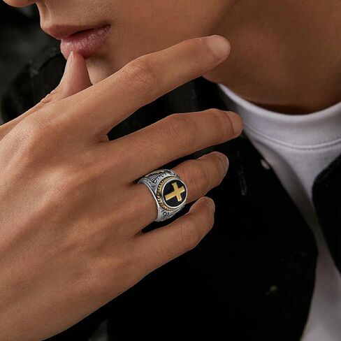FATACI Vintage Men Ring Stainless Steel Religious Prayer Holy Cross Ring with Black Enamel Christian Jewelry Size8-12 in Saudi Arabia