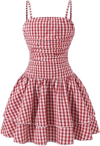 Floerns Girl's Cute Plaid Short Dress Spaghetti Strap Ruched Layered Ruffle Hem Smocked Dresses in Saudi Arabia