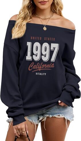 Off The Shoulder Sweatshirts for Women California Vintage Sweatshirt Letter Graphic One Shoulder Top Baggy Pullover in Saudi Arabia