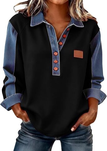 Long Sleeve Shirts for Women Denim Collar Patchwork Stitching Sweatshirt Casual Christmas Pullover in Saudi Arabia
