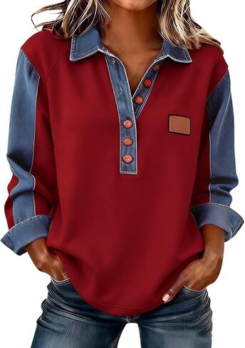 Long Sleeve Shirts for Women Denim Collar Patchwork Stitching Sweatshirt Casual Christmas Pullover in Saudi Arabia