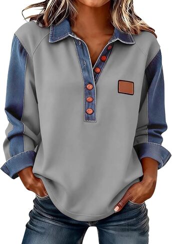 Long Sleeve Shirts for Women Denim Collar Patchwork Stitching Sweatshirt Casual Christmas Pullover in Saudi Arabia