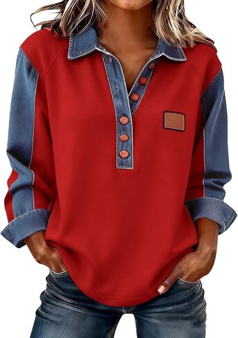 Long Sleeve Shirts for Women Denim Collar Patchwork Stitching Sweatshirt Casual Christmas Pullover in Saudi Arabia