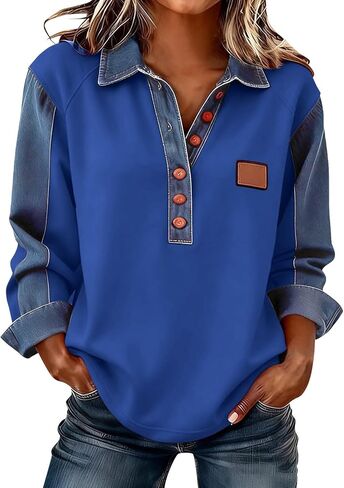 Long Sleeve Shirts for Women Denim Collar Patchwork Stitching Sweatshirt Casual Christmas Pullover in Saudi Arabia