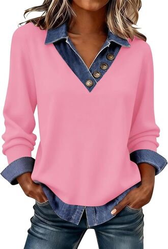 Long Sleeve Shirts for Women Denim Collar Patchwork Stitching Sweatshirt Casual Christmas Pullover in Saudi Arabia
