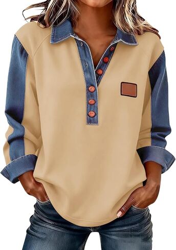 Long Sleeve Shirts for Women Denim Collar Patchwork Stitching Sweatshirt Casual Christmas Pullover in Saudi Arabia
