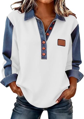 Long Sleeve Shirts for Women Denim Collar Patchwork Stitching Sweatshirt Casual Christmas Pullover in Saudi Arabia