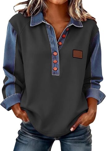 Long Sleeve Shirts for Women Denim Collar Patchwork Stitching Sweatshirt Casual Christmas Pullover in Saudi Arabia
