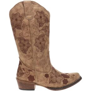 Roper Womens Riley Flowers مطرزة بالزهور ومقدمة قصيرة وسحب على الأحذية الكاجوال وكعب متوسط ​​الساق وكعب منخفض 1-2 بوصة - بني in Saudi Arabia
