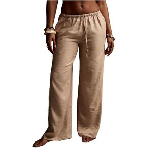 Women's Wide Leg Casual Pants Drawstring Waist Low Rise Boho Trousers Beach Resort Outfit with Pockets in Kuwait