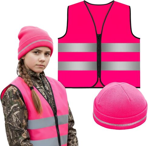 Berlune 2 Pcs Kids Hunting Vest and Beanie Set Orange Reflective Hunting Clothes Blaze Vests for Night Hiking Outdoor in Saudi Arabia